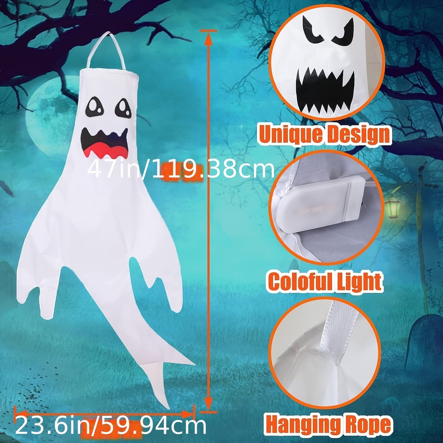 2pcs, 47" Halloween Ghost Windsocks Decorations With LED Light Outdoor Halloween Decorations Hanging Ghost Windsocks Décor For Halloween