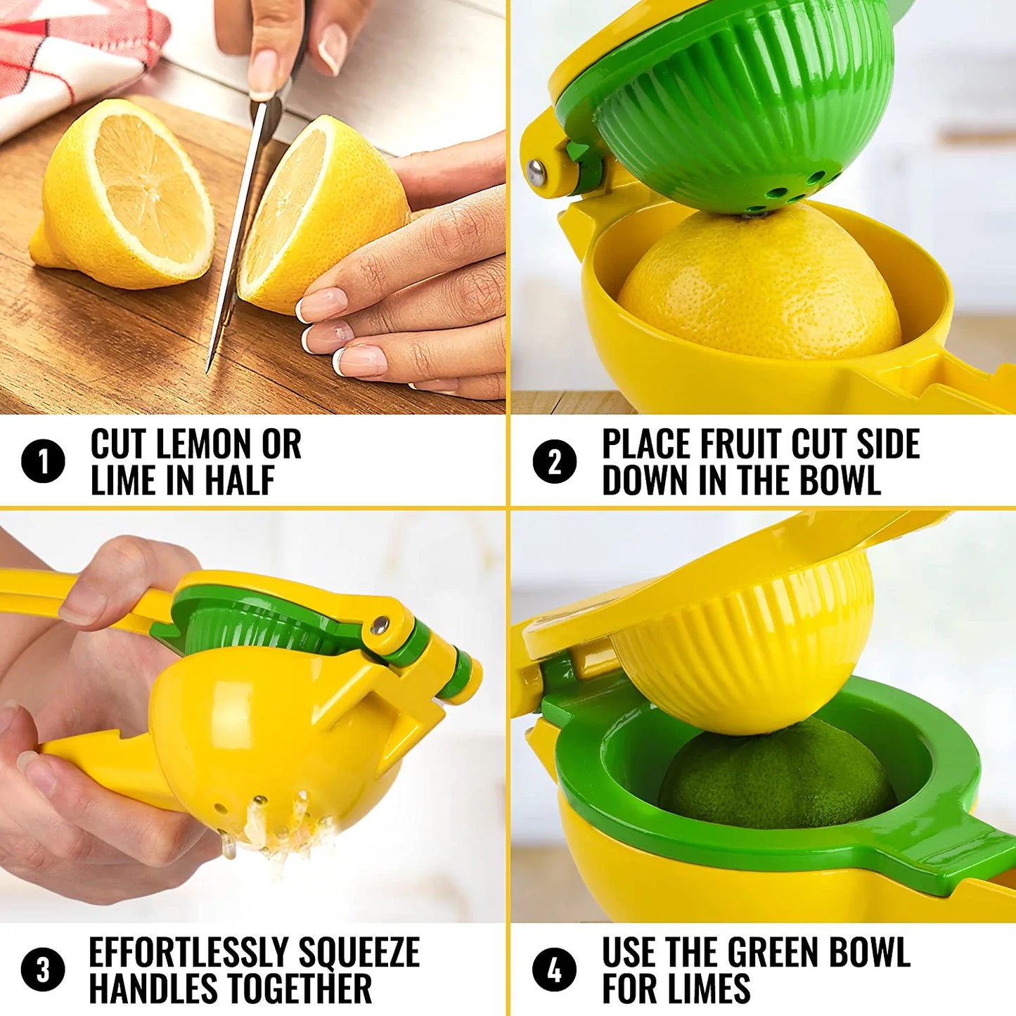 Metal 2-In-1 Lemon Lime Squeezer - Hand Juicer Lemon Squeezer - Max Extraction Manual Citrus Juicer (Vibrant Yellow and green Atoll)